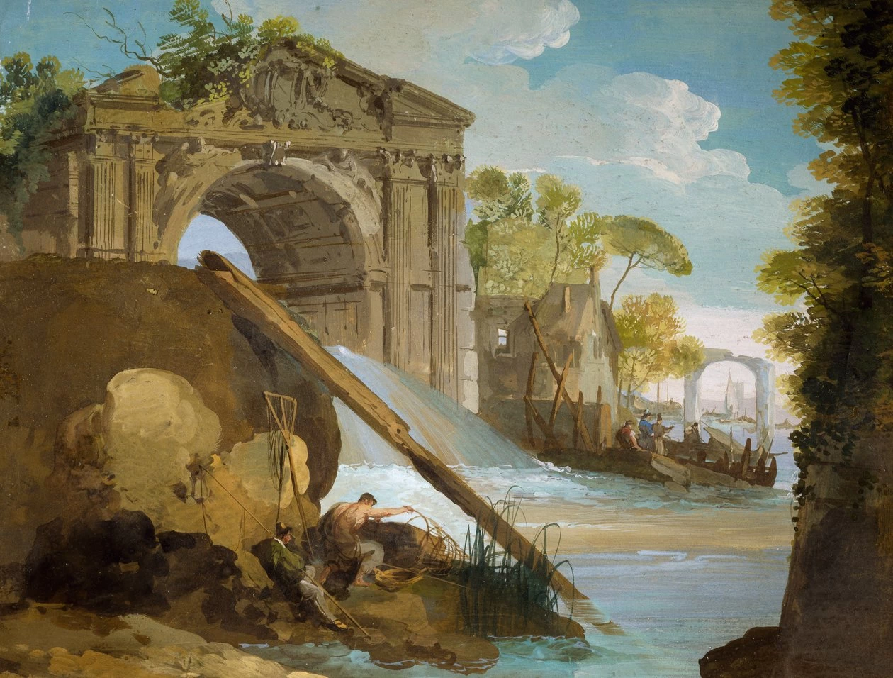 Fiume con pescatori e rovine